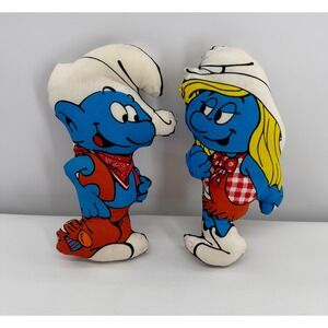 Peyo The Smurfs Plush Pillow Set Blue Western Cowboy Vintage Cut & Sew